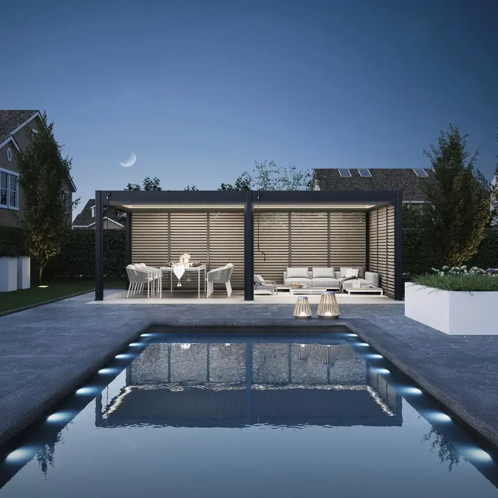 Pergola bioclimatique autoportante motorisée Neo — lames orientables, kit LED inclus