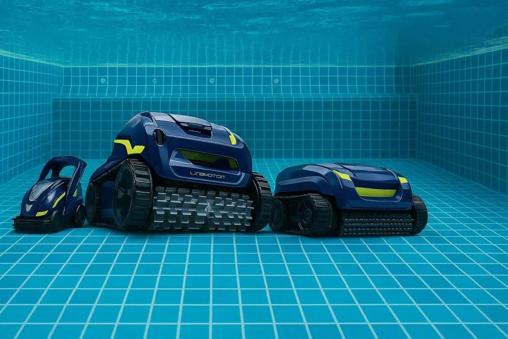 Gamme de robots de piscine sans fil Zodiac alignés dans une piscine