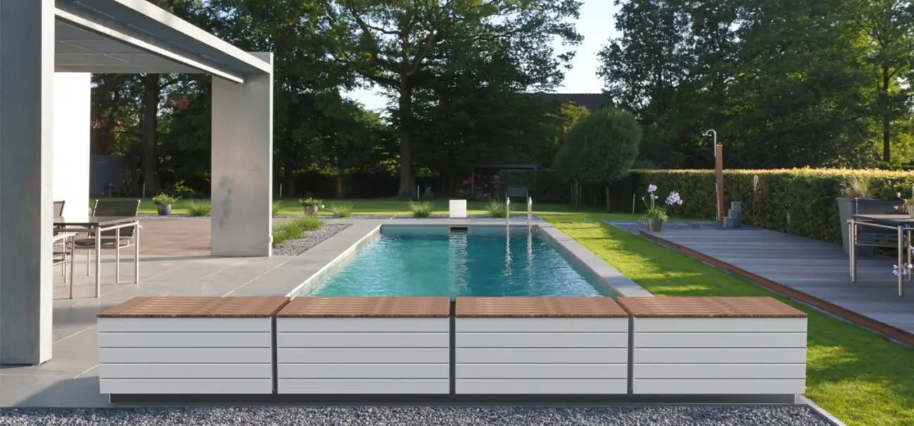 Piscine avec volet hors sol ouvert – installation Neopool Belgique